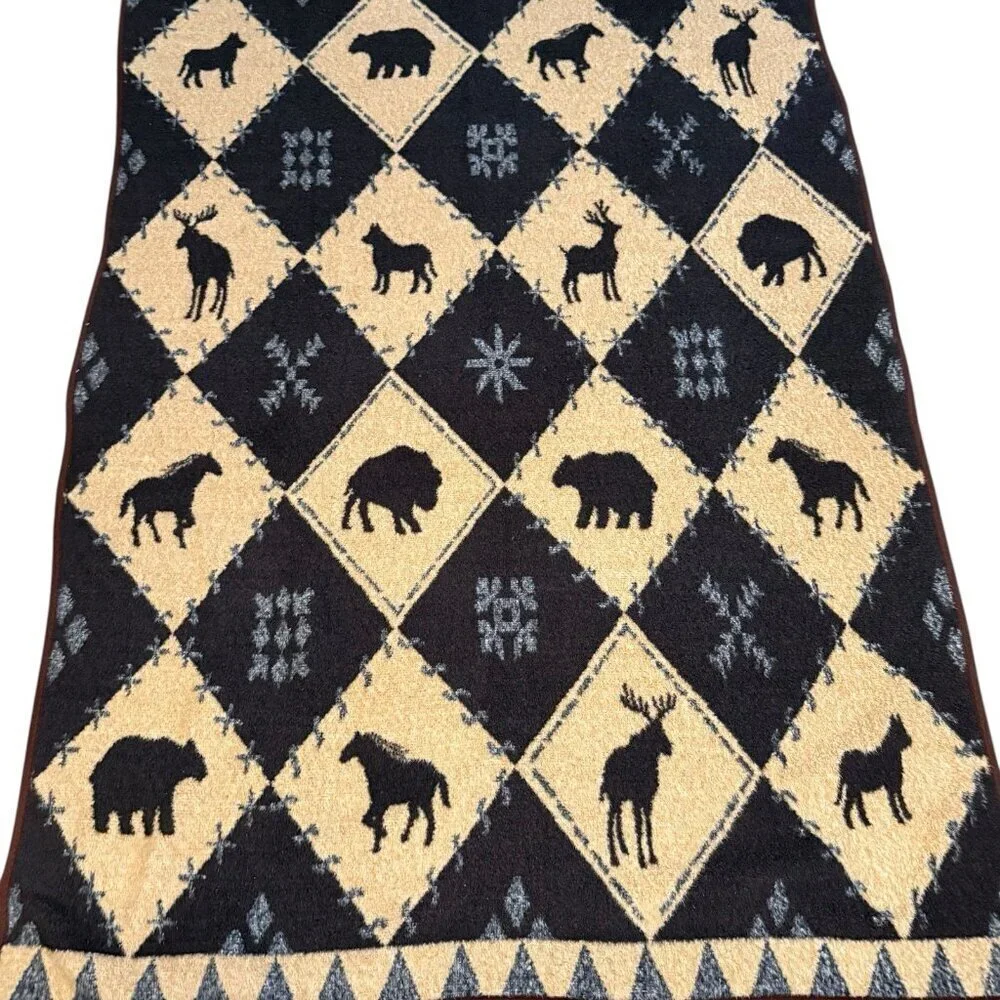 Vintage San Marcos Reversible Animal Throw Blanket Browns 56X80 Moose Bear Horse